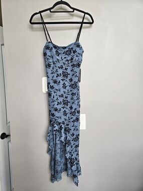 NWT One Clothing Blue Floral Mesh Midi Dress - Flocked Rose Ruffle Hem - Medium